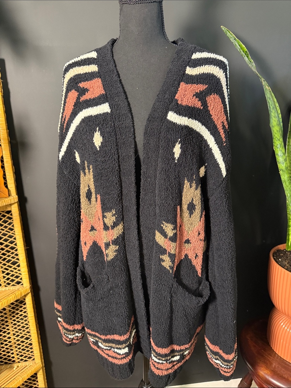 vestique Black Southwestern Patterned Open Cardigan with Rust and Cream Accents
